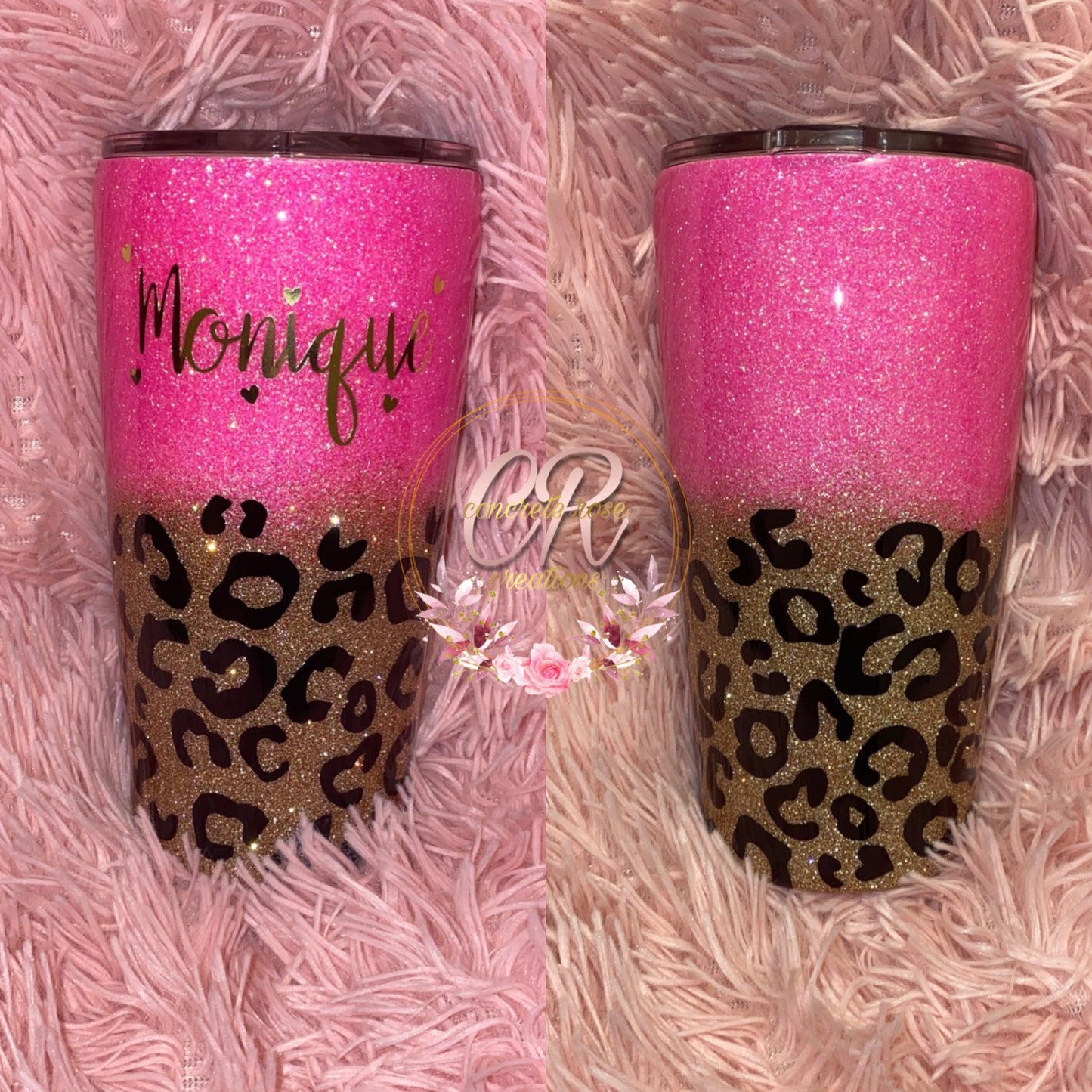 Light Pink/Rose Gold Leopard Tumbler & Pen Set, Custom Tumber