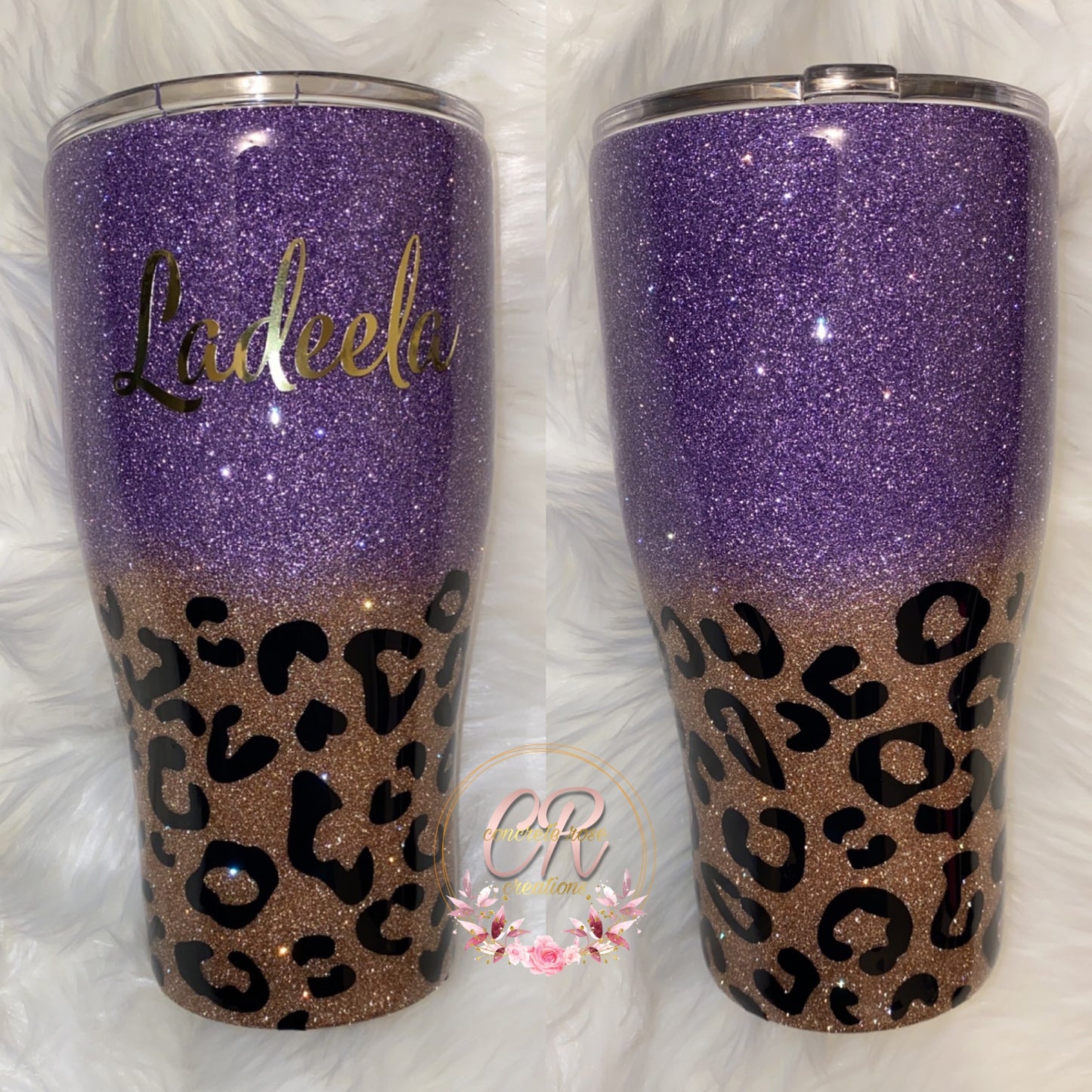 Purple Leopard Print Glitter Tumbler, Personalized Glitter Tumbler